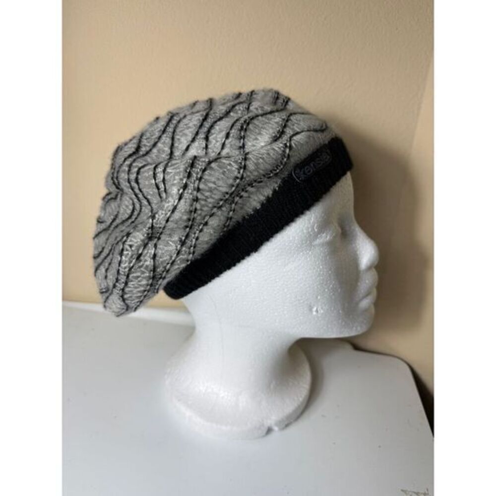 Kensie Gray Knit Beret with Black Trim - Vintage Style Wave Pattern Winter Hat